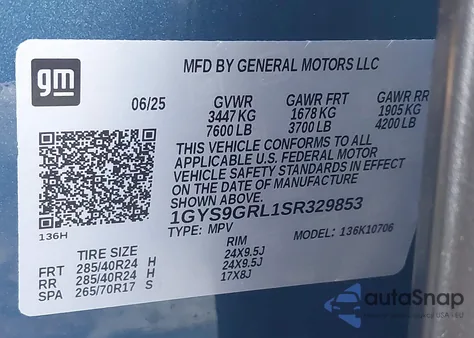 2025 Cadillac Escalade Sport Platinum из США, поврежденный, VIN 1GYS9GRL1SR329853